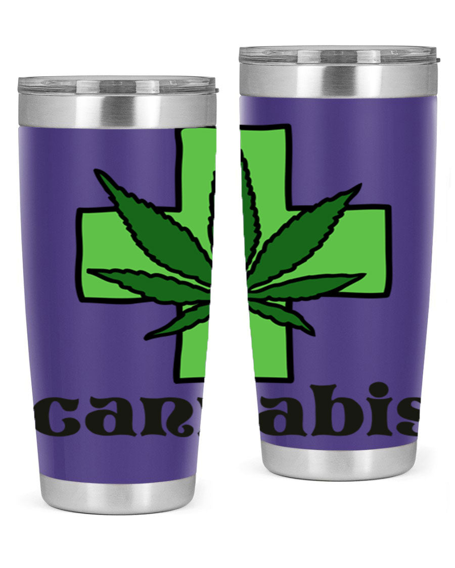 A stylish cannabis 55# 20oz tumbler made of stainless steel with a copper lining, featuring a drink-thru lid and a vibrant cannabis-themed design.