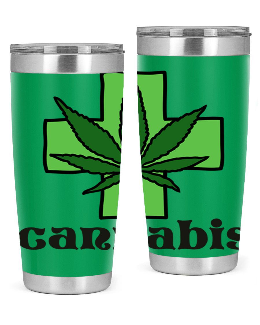A stylish cannabis 55# 20oz tumbler made of stainless steel with a copper lining, featuring a drink-thru lid and a vibrant cannabis-themed design.