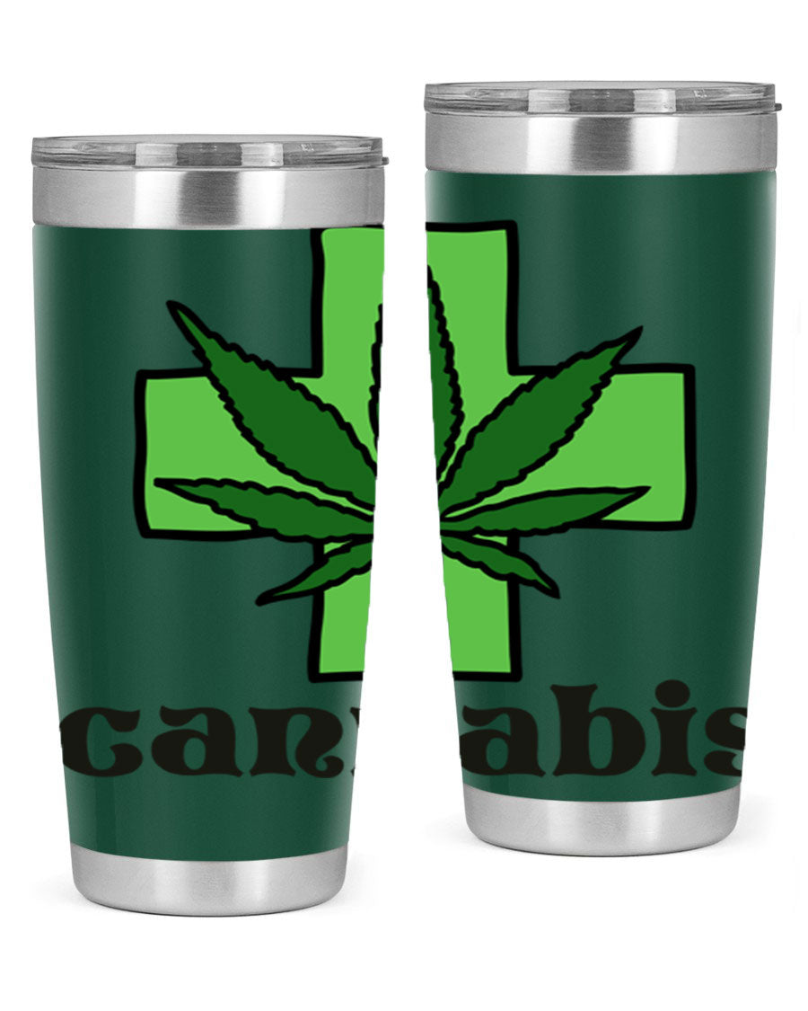 A stylish cannabis 55# 20oz tumbler made of stainless steel with a copper lining, featuring a drink-thru lid and a vibrant cannabis-themed design.