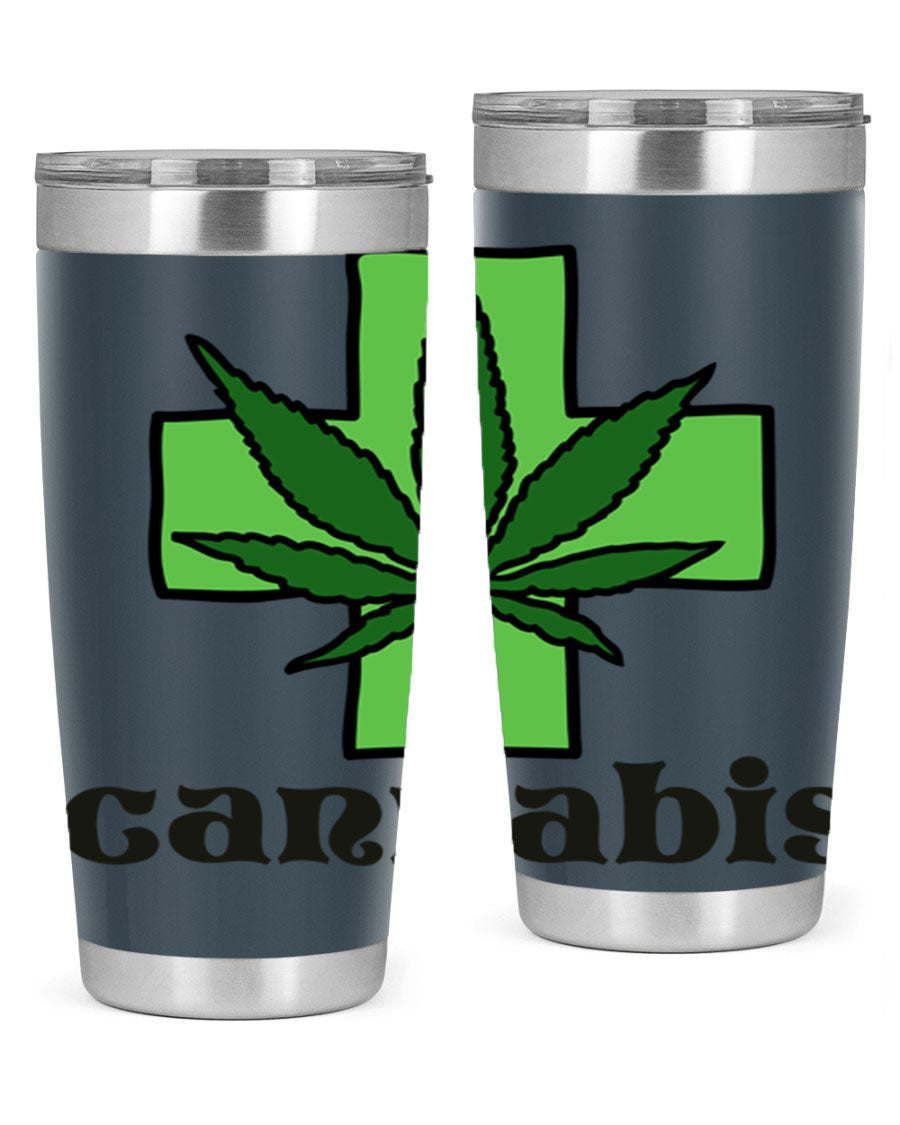 A stylish cannabis 55# 20oz tumbler made of stainless steel with a copper lining, featuring a drink-thru lid and a vibrant cannabis-themed design.