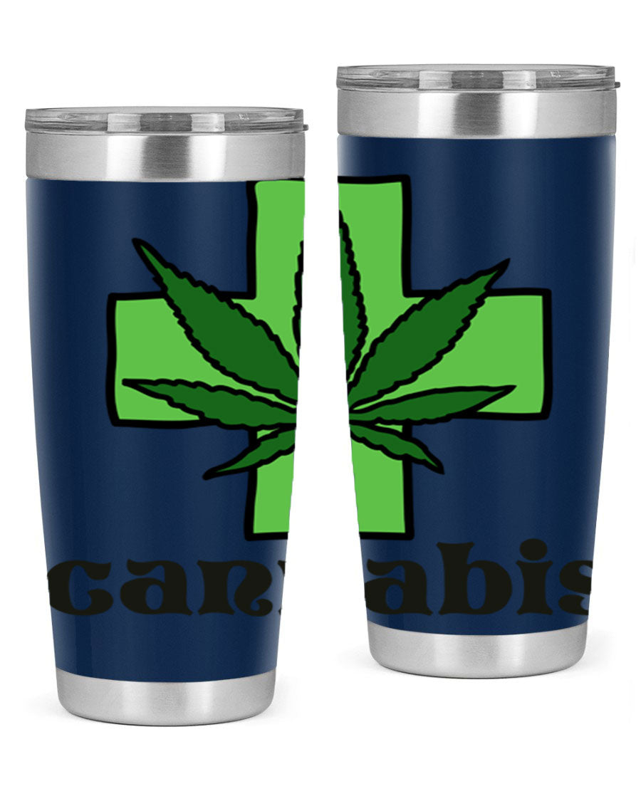 A stylish cannabis 55# 20oz tumbler made of stainless steel with a copper lining, featuring a drink-thru lid and a vibrant cannabis-themed design.
