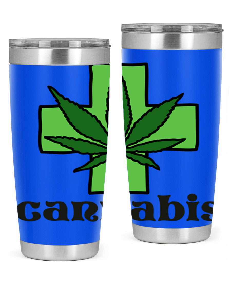 A stylish cannabis 55# 20oz tumbler made of stainless steel with a copper lining, featuring a drink-thru lid and a vibrant cannabis-themed design.