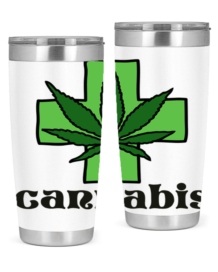 A stylish cannabis 55# 20oz tumbler made of stainless steel with a copper lining, featuring a drink-thru lid and a vibrant cannabis-themed design.