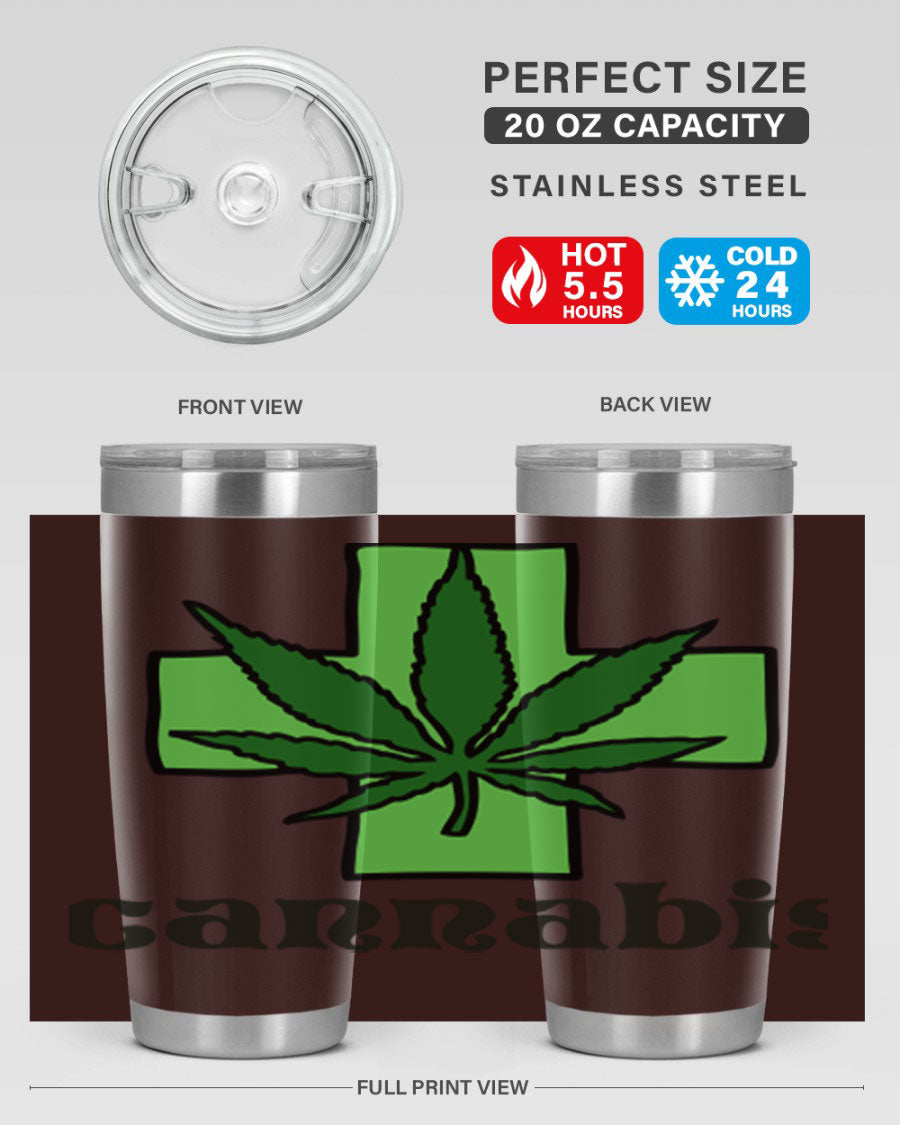 A stylish cannabis 55# 20oz tumbler made of stainless steel with a copper lining, featuring a drink-thru lid and a vibrant cannabis-themed design.