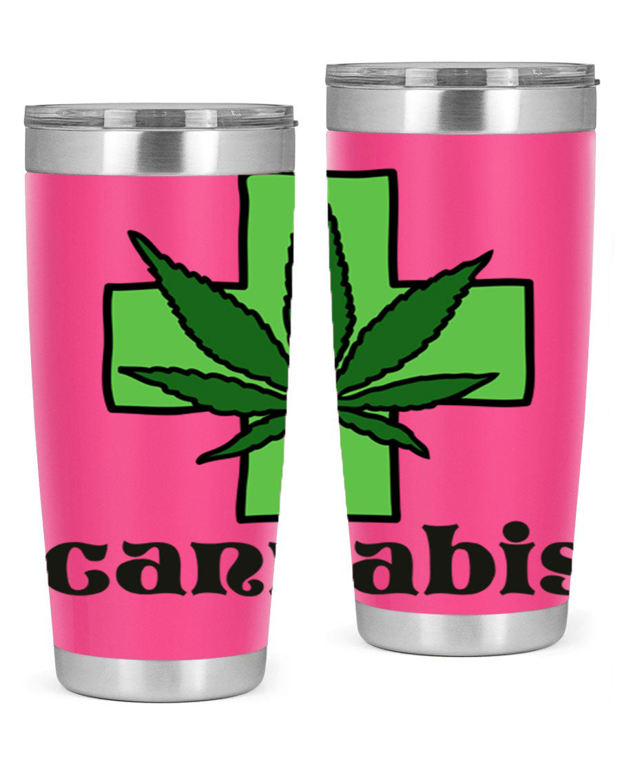 A stylish cannabis 55# 20oz tumbler made of stainless steel with a copper lining, featuring a drink-thru lid and a vibrant cannabis-themed design.