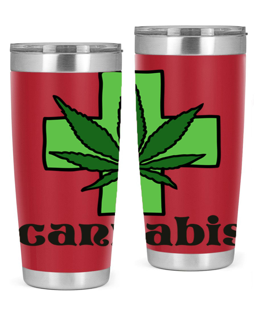 A stylish cannabis 55# 20oz tumbler made of stainless steel with a copper lining, featuring a drink-thru lid and a vibrant cannabis-themed design.