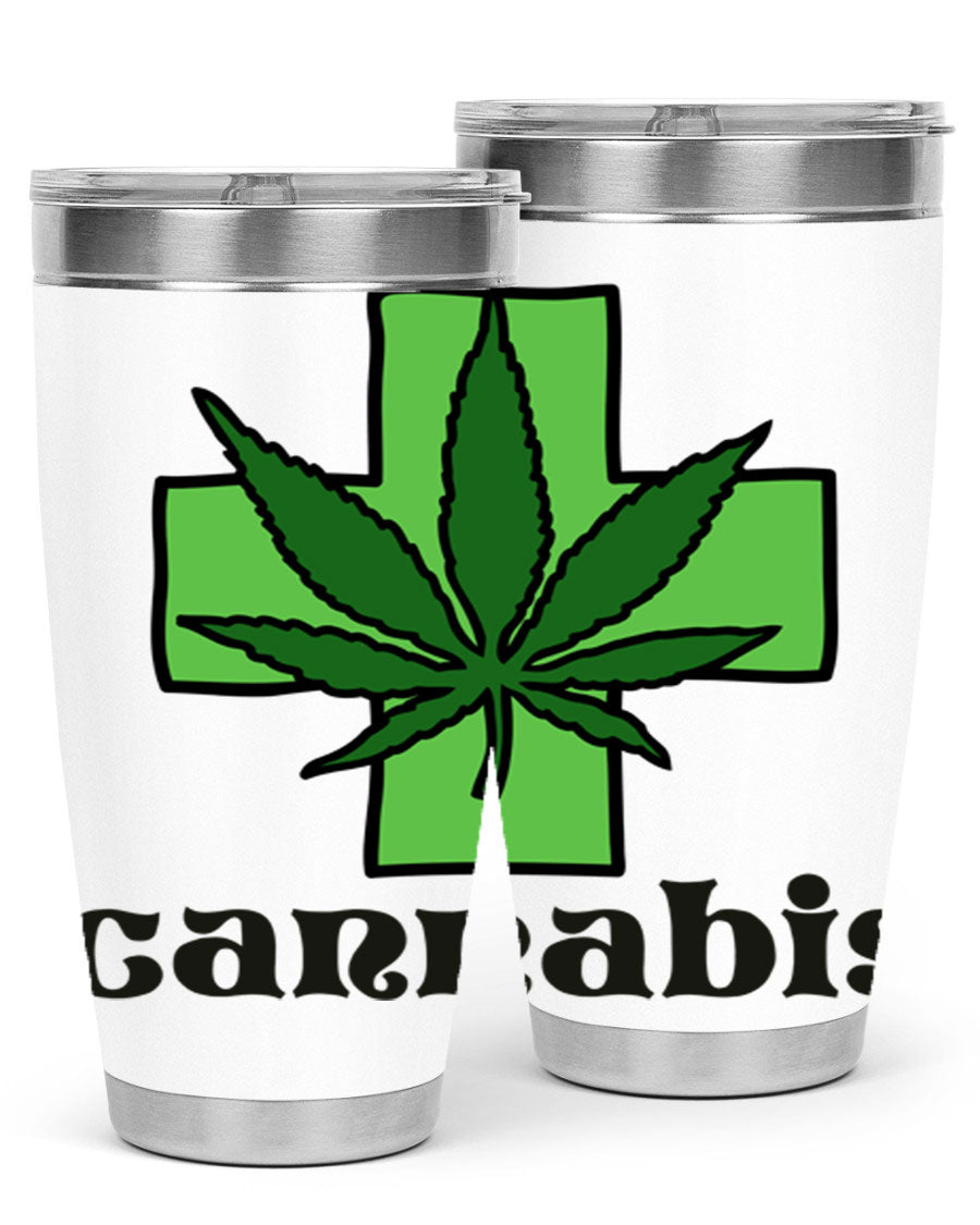 A stylish cannabis 55# 20oz tumbler made of stainless steel with a copper lining, featuring a drink-thru lid and a vibrant cannabis-themed design.