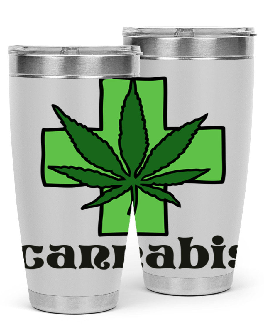 A stylish cannabis 55# 20oz tumbler made of stainless steel with a copper lining, featuring a drink-thru lid and a vibrant cannabis-themed design.