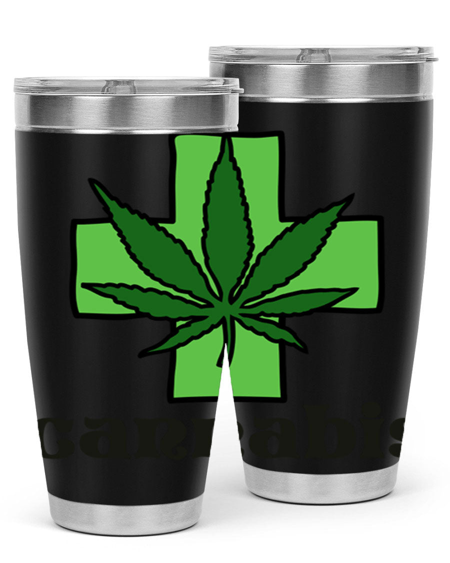 A stylish cannabis 55# 20oz tumbler made of stainless steel with a copper lining, featuring a drink-thru lid and a vibrant cannabis-themed design.