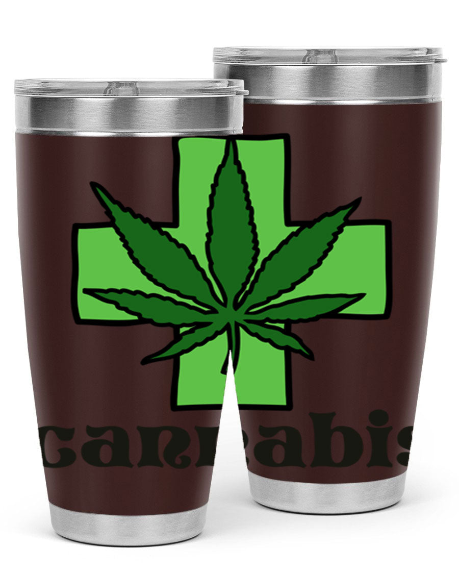 A stylish cannabis 55# 20oz tumbler made of stainless steel with a copper lining, featuring a drink-thru lid and a vibrant cannabis-themed design.
