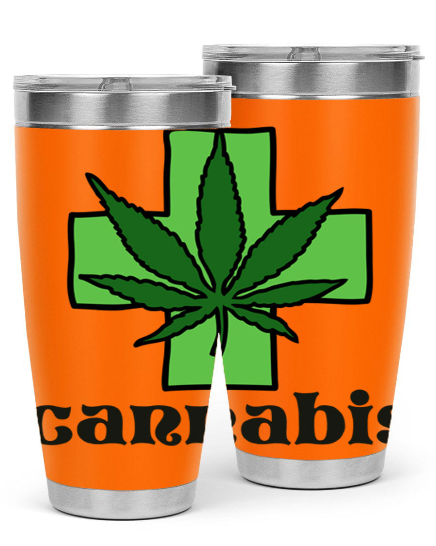 A stylish cannabis 55# 20oz tumbler made of stainless steel with a copper lining, featuring a drink-thru lid and a vibrant cannabis-themed design.
