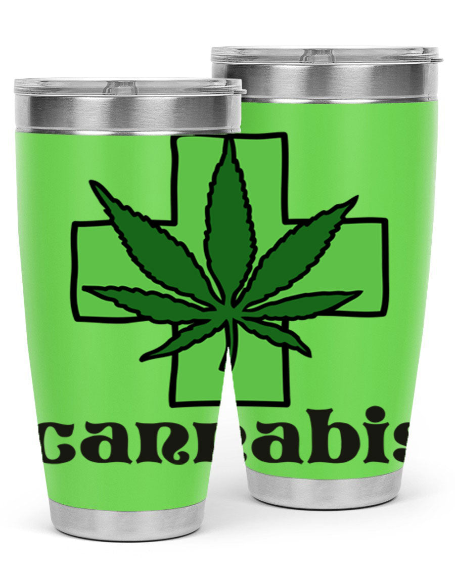 A stylish cannabis 55# 20oz tumbler made of stainless steel with a copper lining, featuring a drink-thru lid and a vibrant cannabis-themed design.