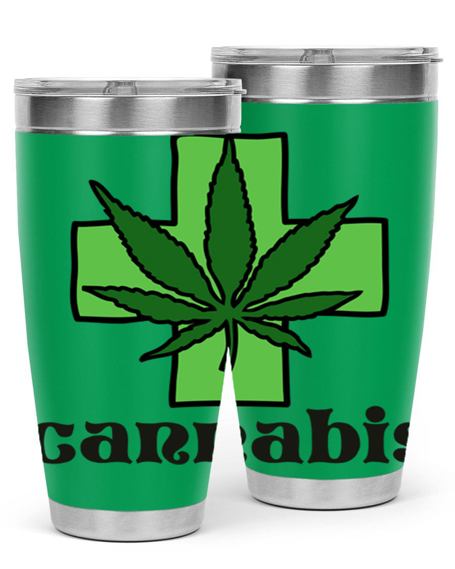 A stylish cannabis 55# 20oz tumbler made of stainless steel with a copper lining, featuring a drink-thru lid and a vibrant cannabis-themed design.