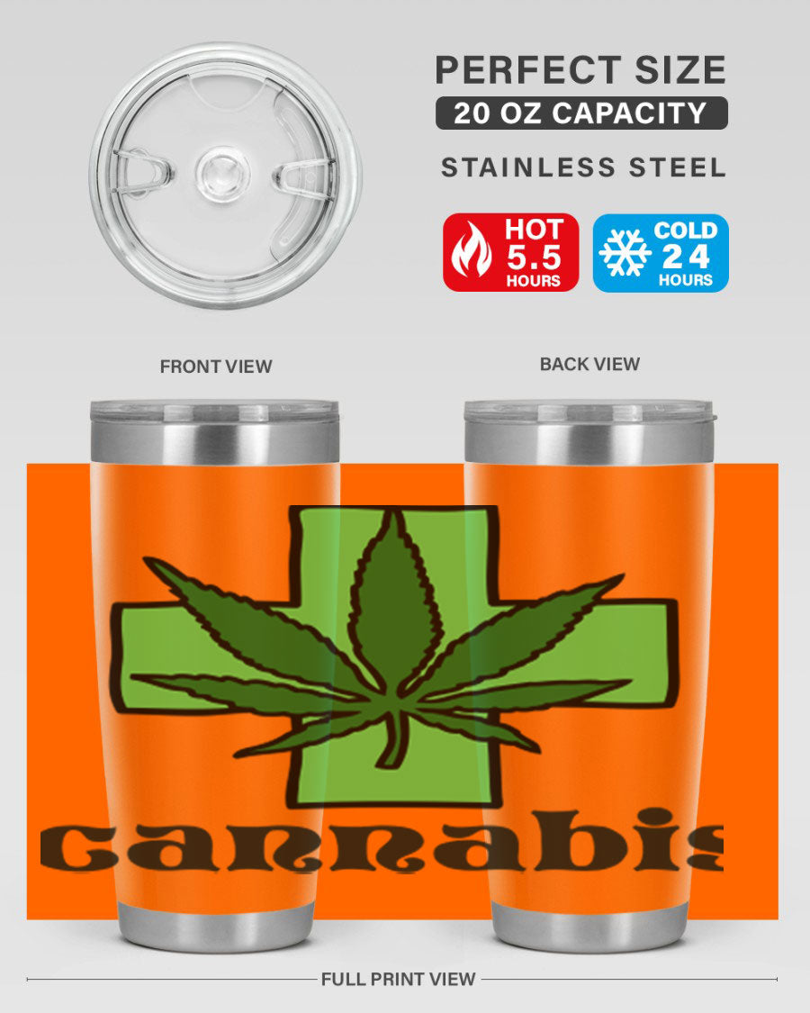 A stylish cannabis 55# 20oz tumbler made of stainless steel with a copper lining, featuring a drink-thru lid and a vibrant cannabis-themed design.
