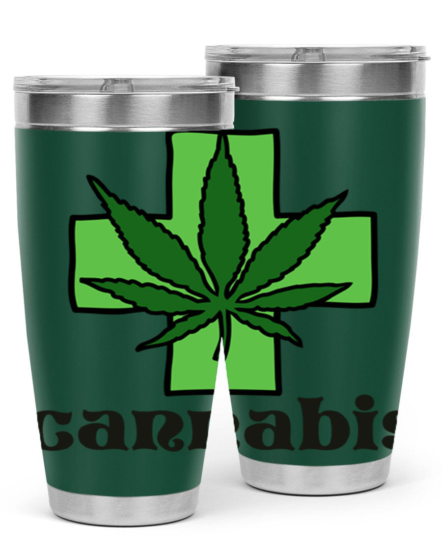 A stylish cannabis 55# 20oz tumbler made of stainless steel with a copper lining, featuring a drink-thru lid and a vibrant cannabis-themed design.