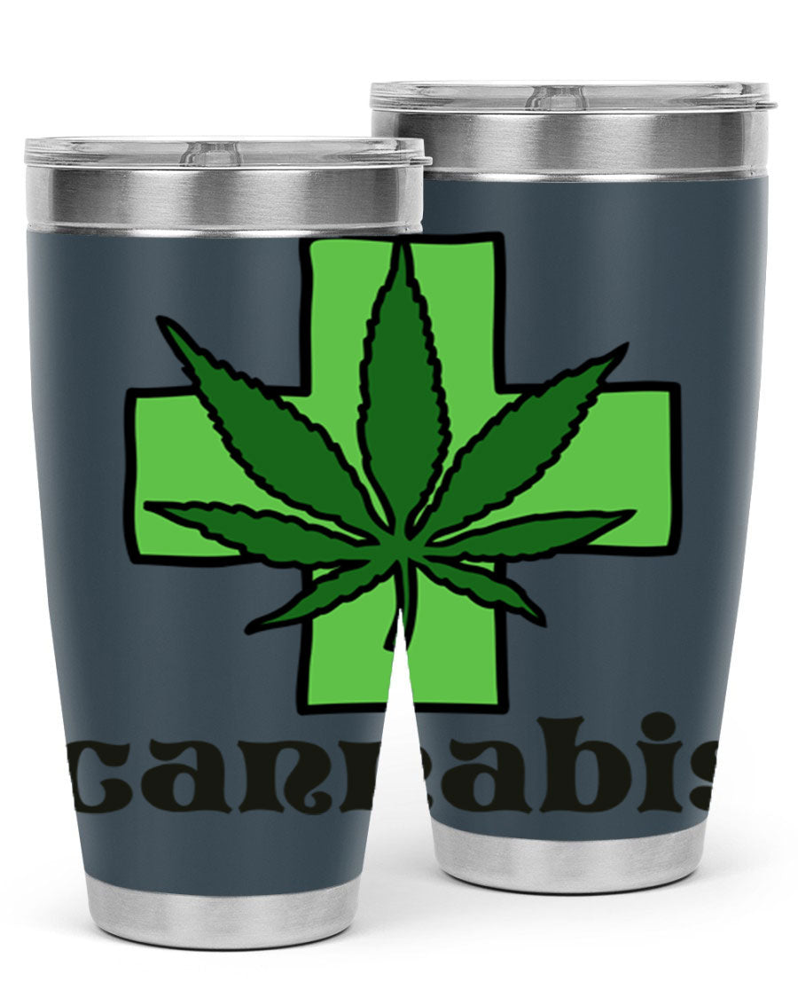 A stylish cannabis 55# 20oz tumbler made of stainless steel with a copper lining, featuring a drink-thru lid and a vibrant cannabis-themed design.