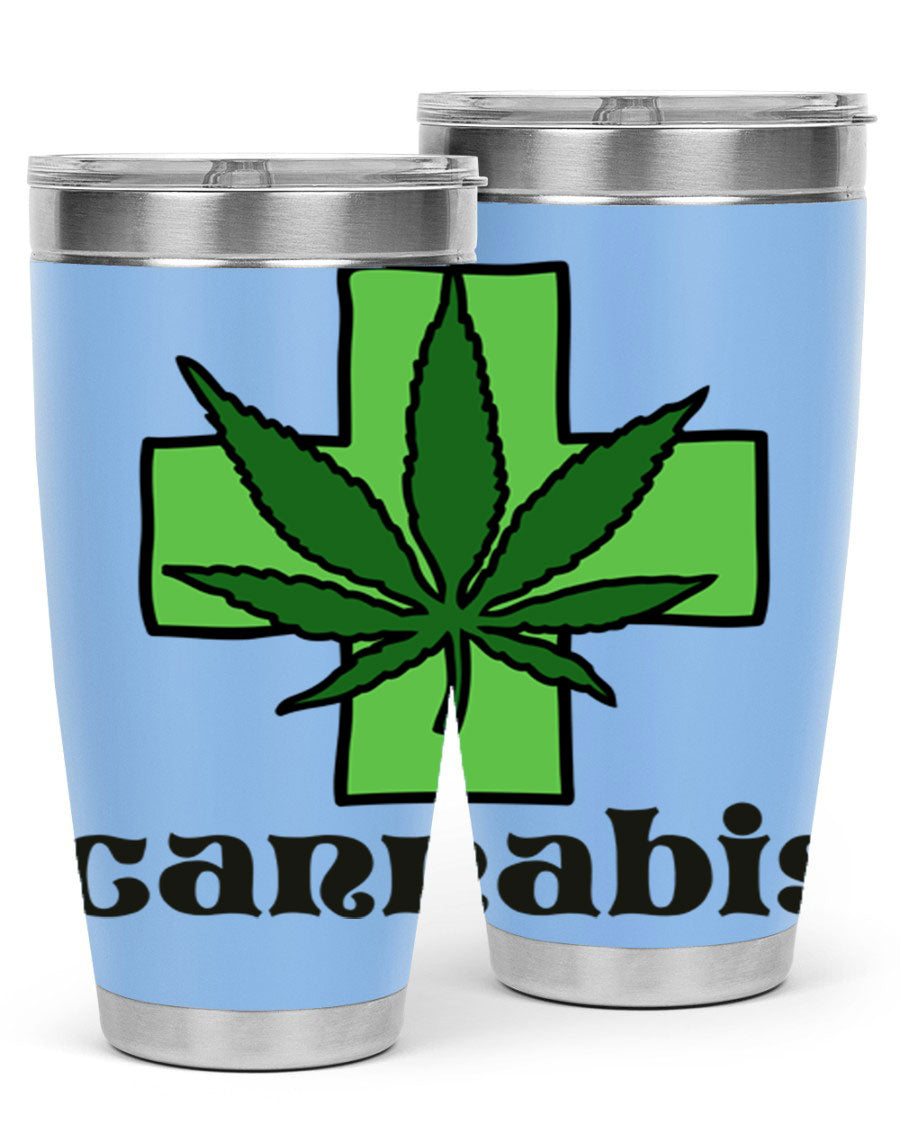 A stylish cannabis 55# 20oz tumbler made of stainless steel with a copper lining, featuring a drink-thru lid and a vibrant cannabis-themed design.