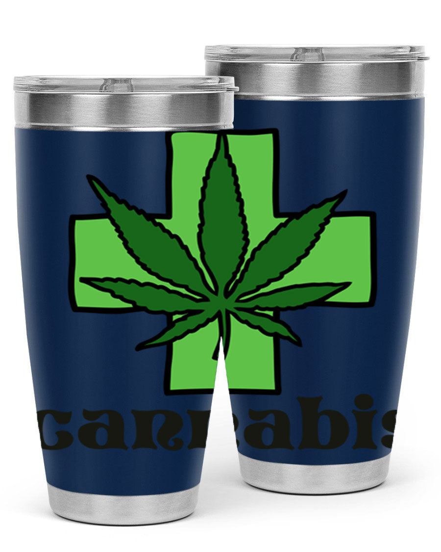 A stylish cannabis 55# 20oz tumbler made of stainless steel with a copper lining, featuring a drink-thru lid and a vibrant cannabis-themed design.