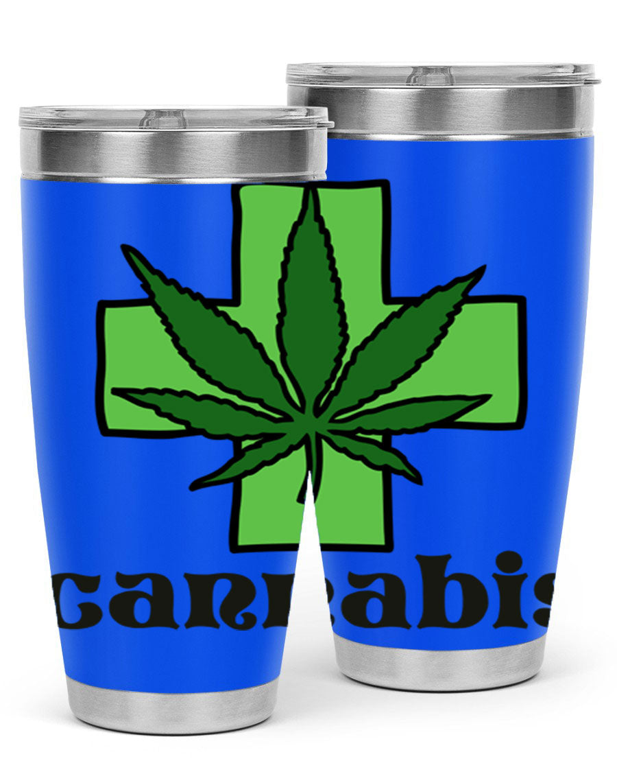 A stylish cannabis 55# 20oz tumbler made of stainless steel with a copper lining, featuring a drink-thru lid and a vibrant cannabis-themed design.
