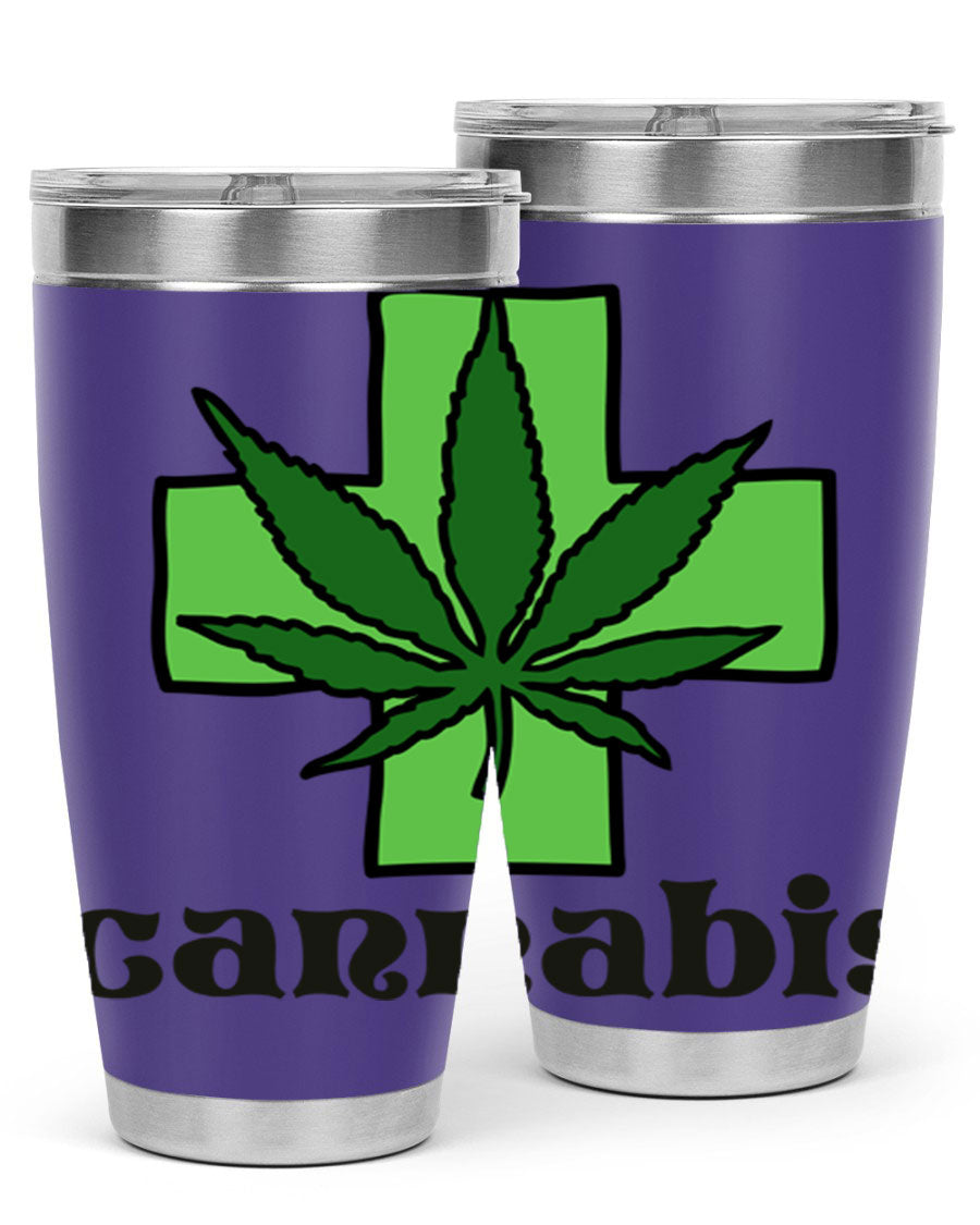 A stylish cannabis 55# 20oz tumbler made of stainless steel with a copper lining, featuring a drink-thru lid and a vibrant cannabis-themed design.