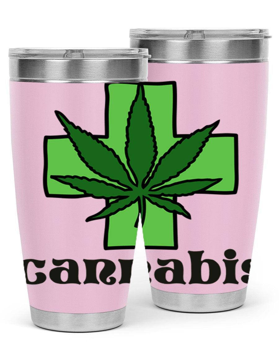 A stylish cannabis 55# 20oz tumbler made of stainless steel with a copper lining, featuring a drink-thru lid and a vibrant cannabis-themed design.