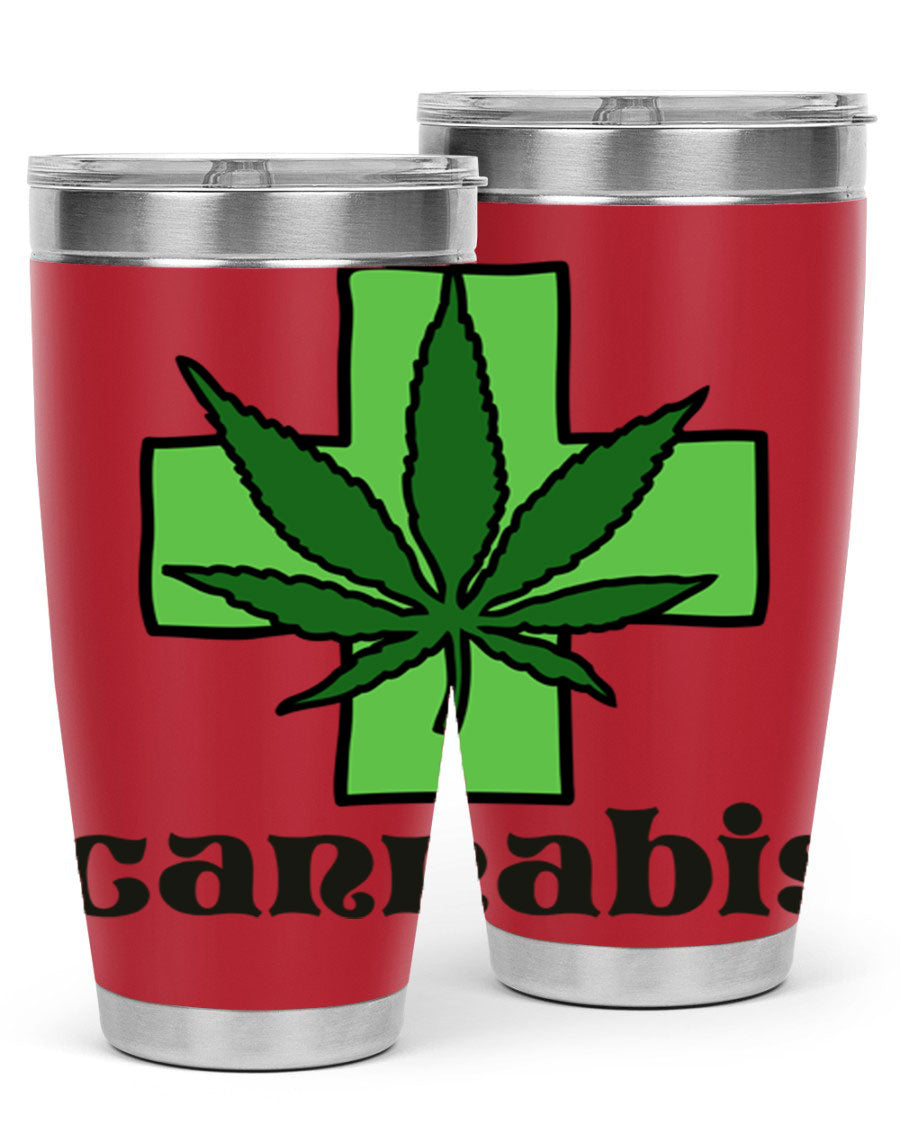 A stylish cannabis 55# 20oz tumbler made of stainless steel with a copper lining, featuring a drink-thru lid and a vibrant cannabis-themed design.