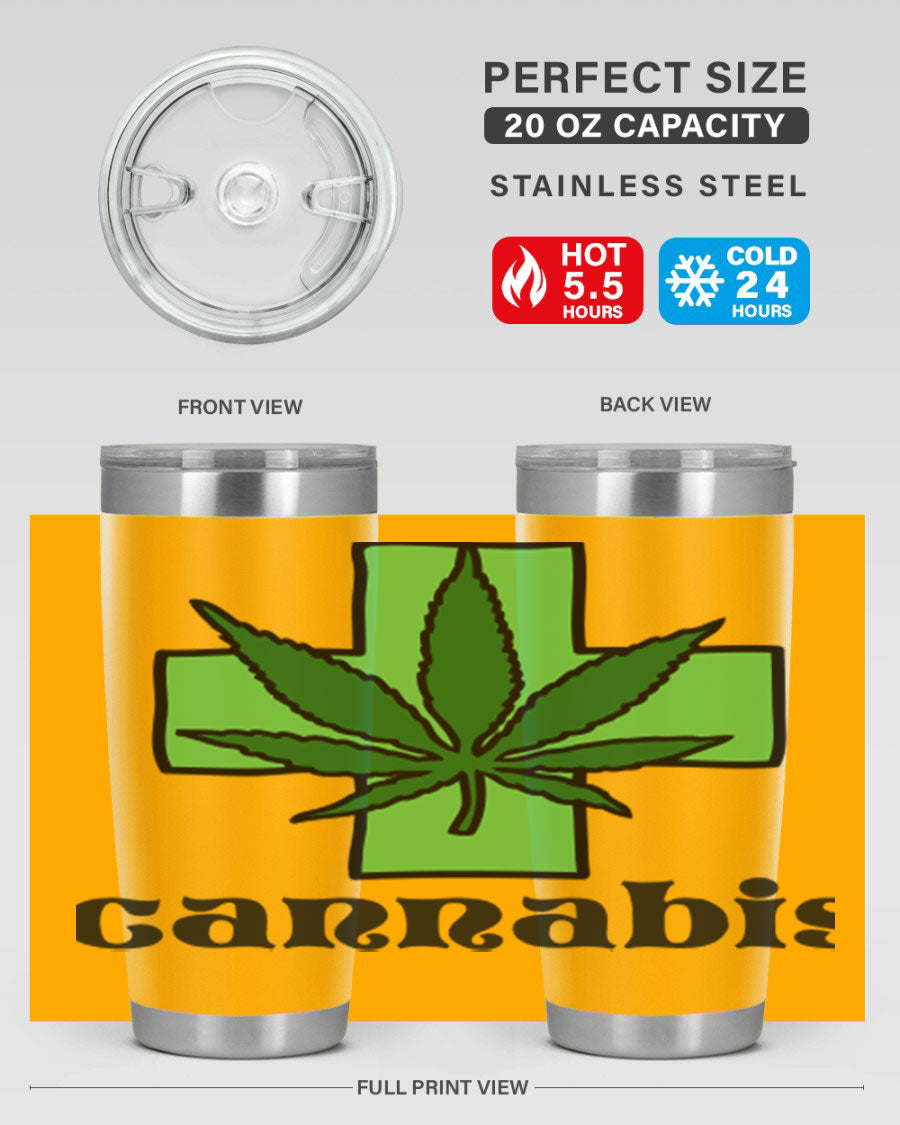 A stylish cannabis 55# 20oz tumbler made of stainless steel with a copper lining, featuring a drink-thru lid and a vibrant cannabis-themed design.