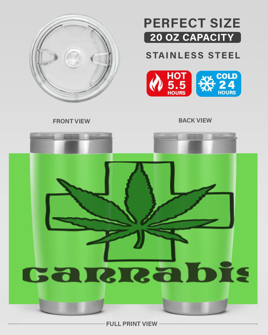 A stylish cannabis 55# 20oz tumbler made of stainless steel with a copper lining, featuring a drink-thru lid and a vibrant cannabis-themed design.