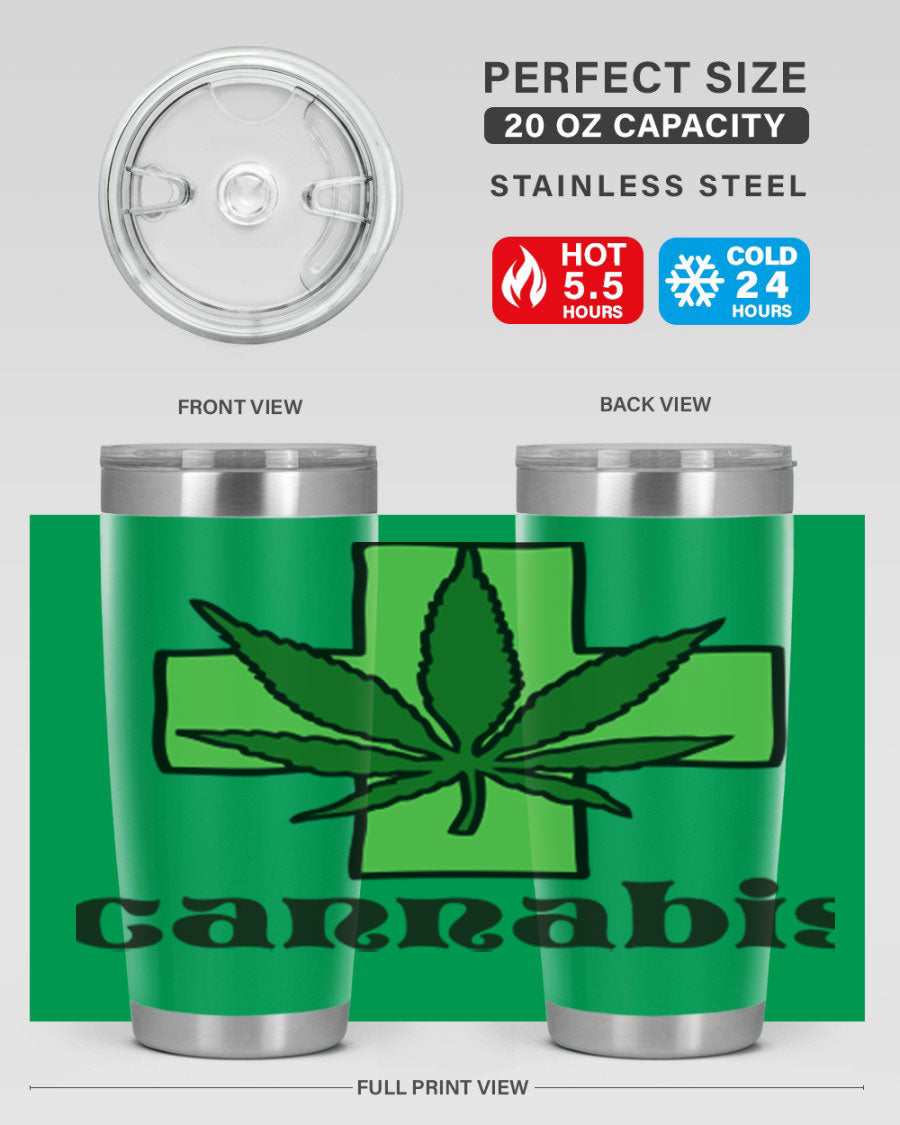 A stylish cannabis 55# 20oz tumbler made of stainless steel with a copper lining, featuring a drink-thru lid and a vibrant cannabis-themed design.