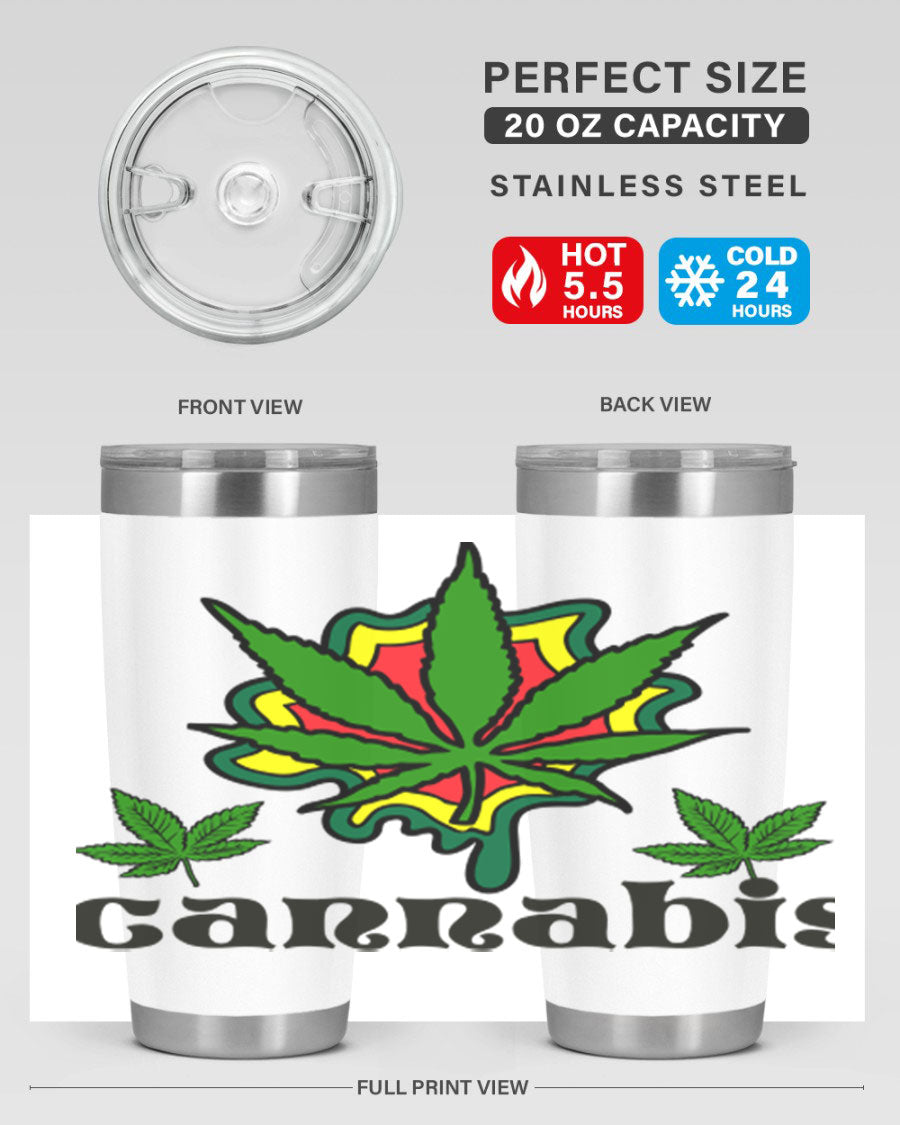 A stylish cannabis a 39# 20oz tumbler made of double wall vacuum stainless steel with a copper lining, featuring a drink-thru lid.