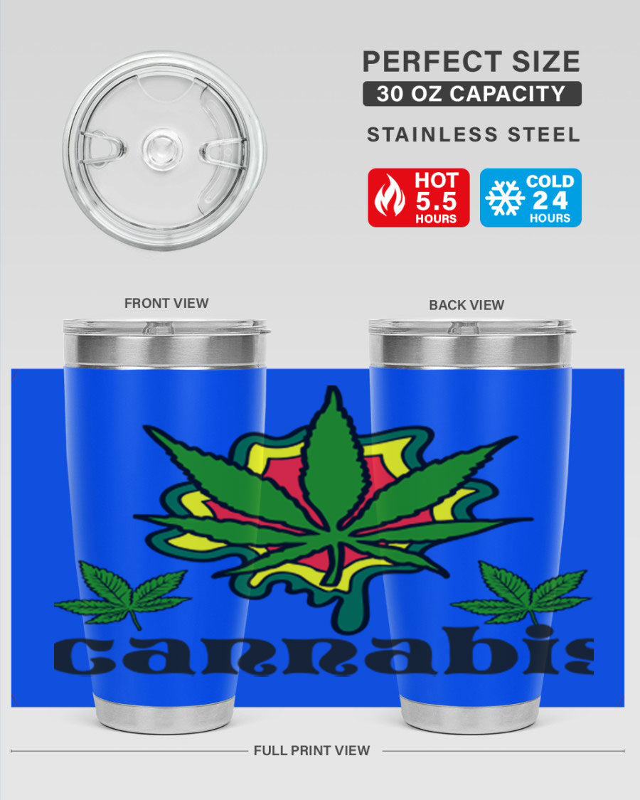 A stylish cannabis a 39# 20oz tumbler made of double wall vacuum stainless steel with a copper lining, featuring a drink-thru lid.