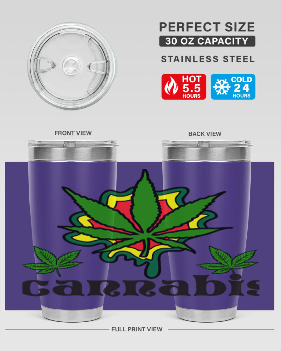 A stylish cannabis a 39# 20oz tumbler made of double wall vacuum stainless steel with a copper lining, featuring a drink-thru lid.