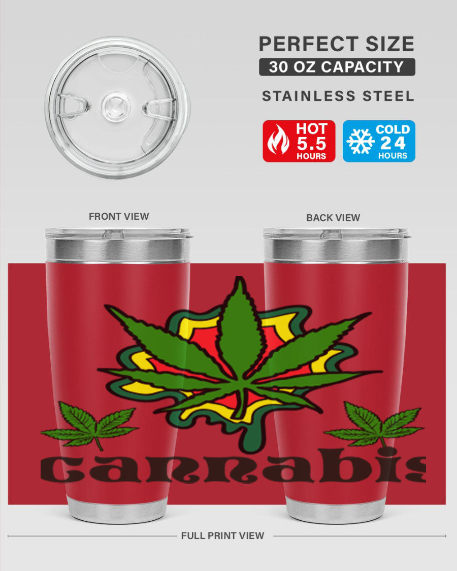 A stylish cannabis a 39# 20oz tumbler made of double wall vacuum stainless steel with a copper lining, featuring a drink-thru lid.