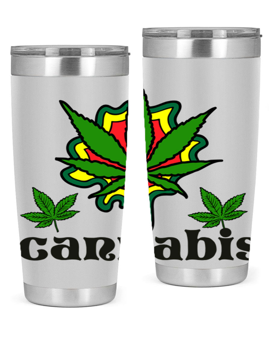 A stylish cannabis a 39# 20oz tumbler made of double wall vacuum stainless steel with a copper lining, featuring a drink-thru lid.