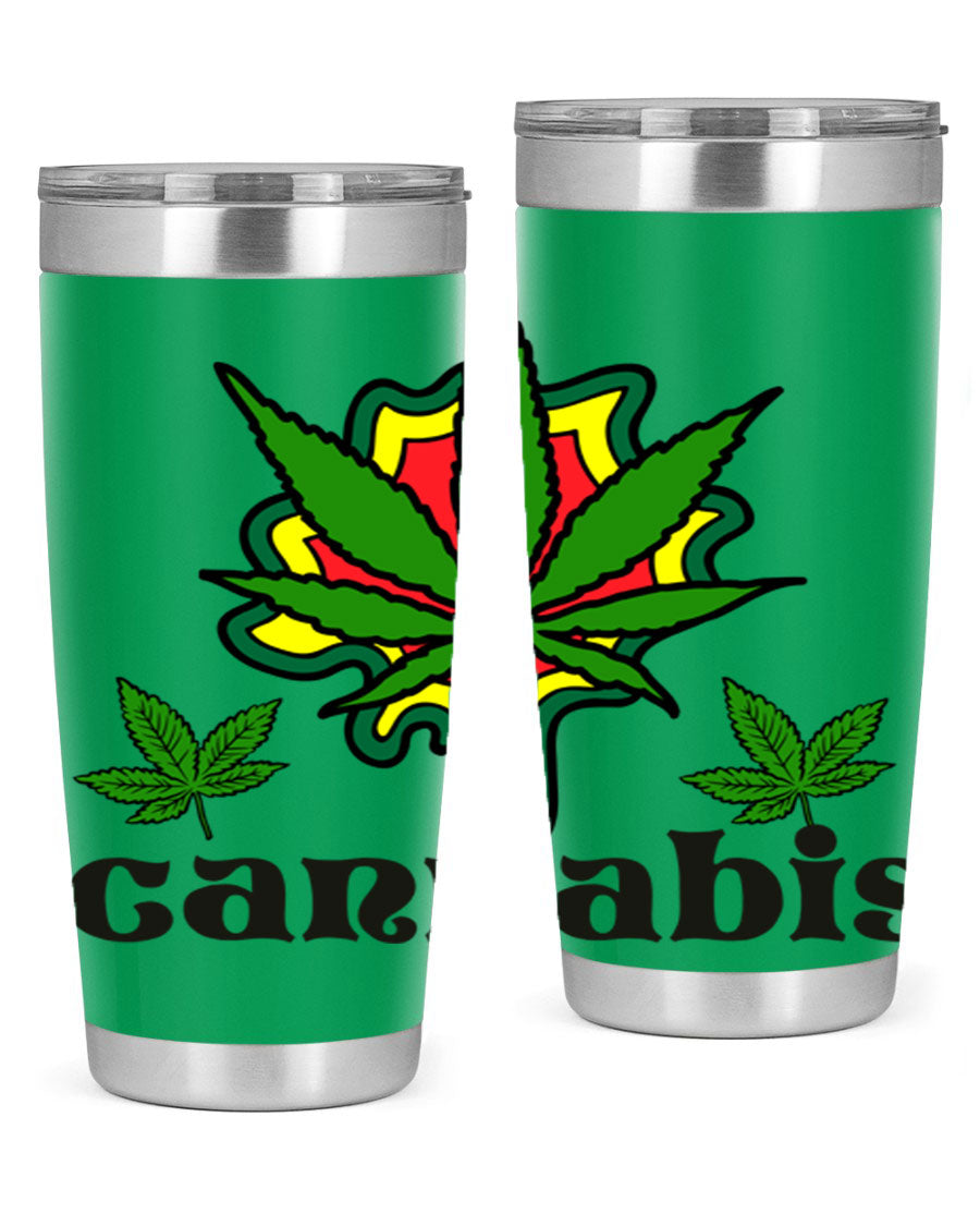 A stylish cannabis a 39# 20oz tumbler made of double wall vacuum stainless steel with a copper lining, featuring a drink-thru lid.