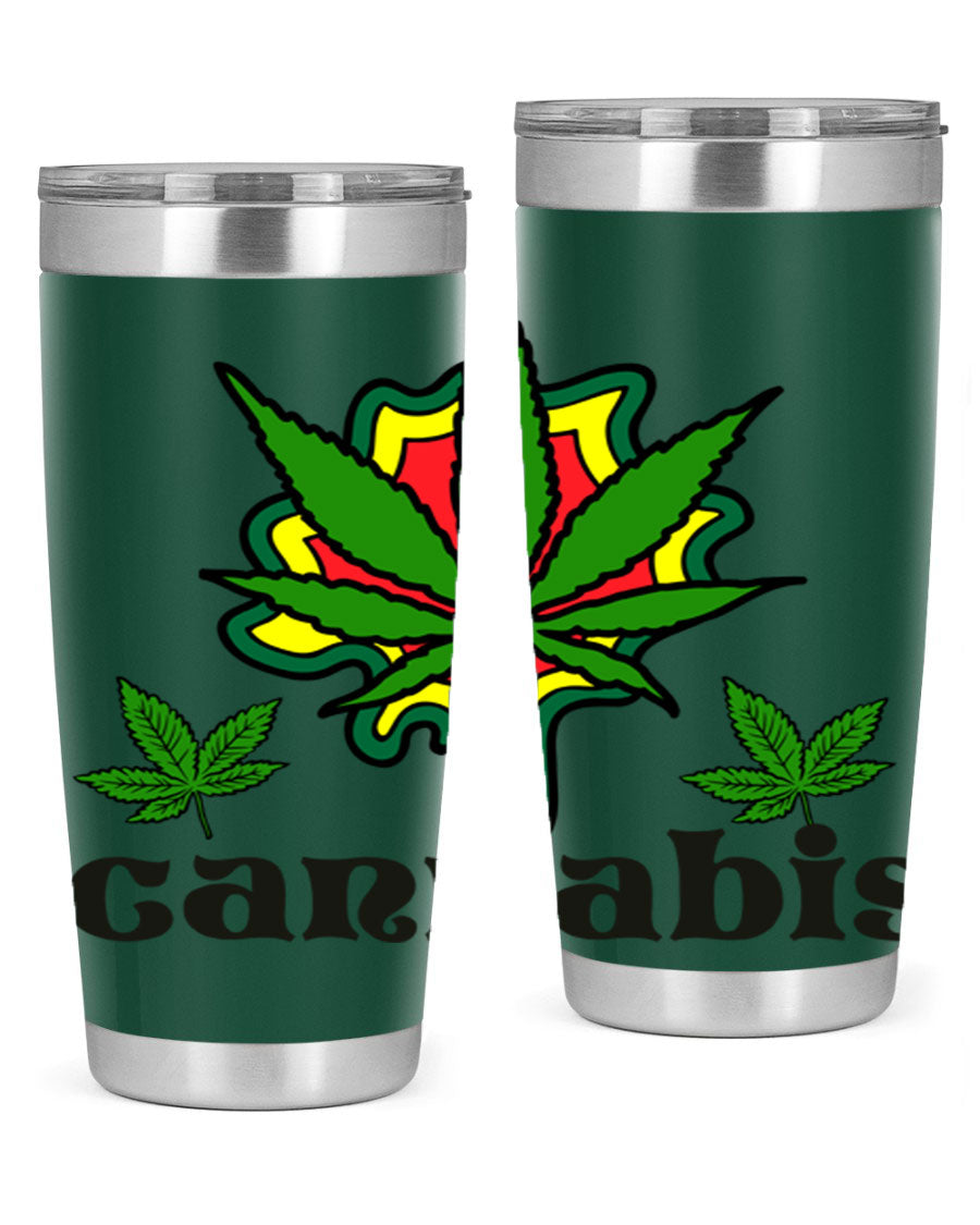 A stylish cannabis a 39# 20oz tumbler made of double wall vacuum stainless steel with a copper lining, featuring a drink-thru lid.