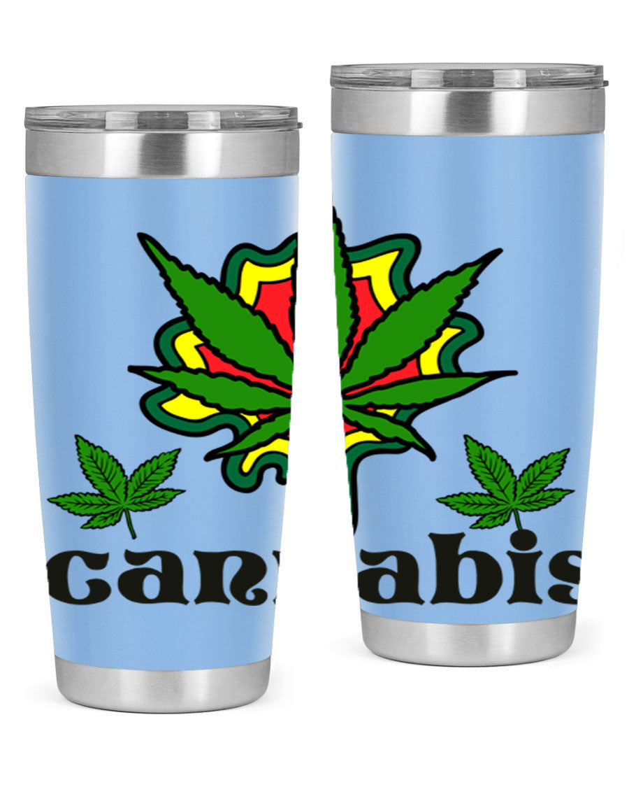 A stylish cannabis a 39# 20oz tumbler made of double wall vacuum stainless steel with a copper lining, featuring a drink-thru lid.