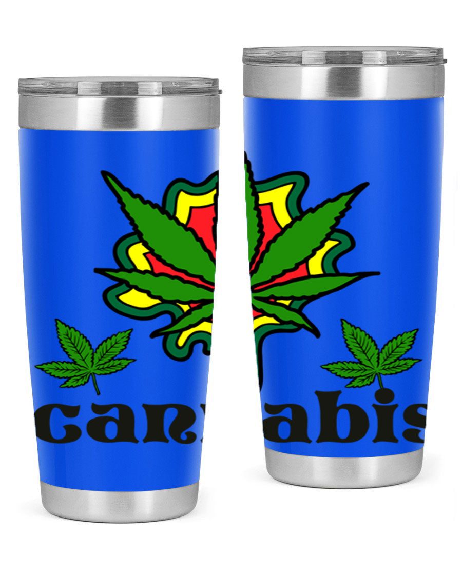 A stylish cannabis a 39# 20oz tumbler made of double wall vacuum stainless steel with a copper lining, featuring a drink-thru lid.