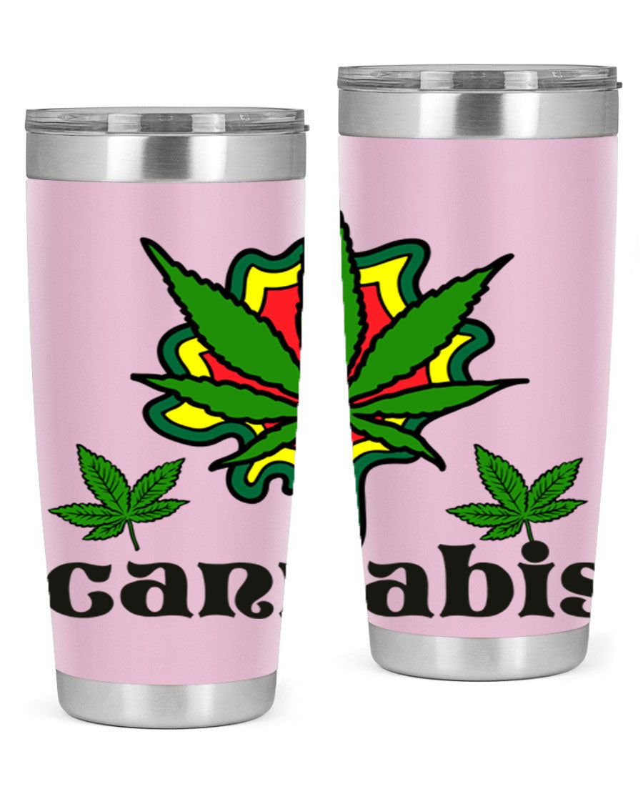 A stylish cannabis a 39# 20oz tumbler made of double wall vacuum stainless steel with a copper lining, featuring a drink-thru lid.