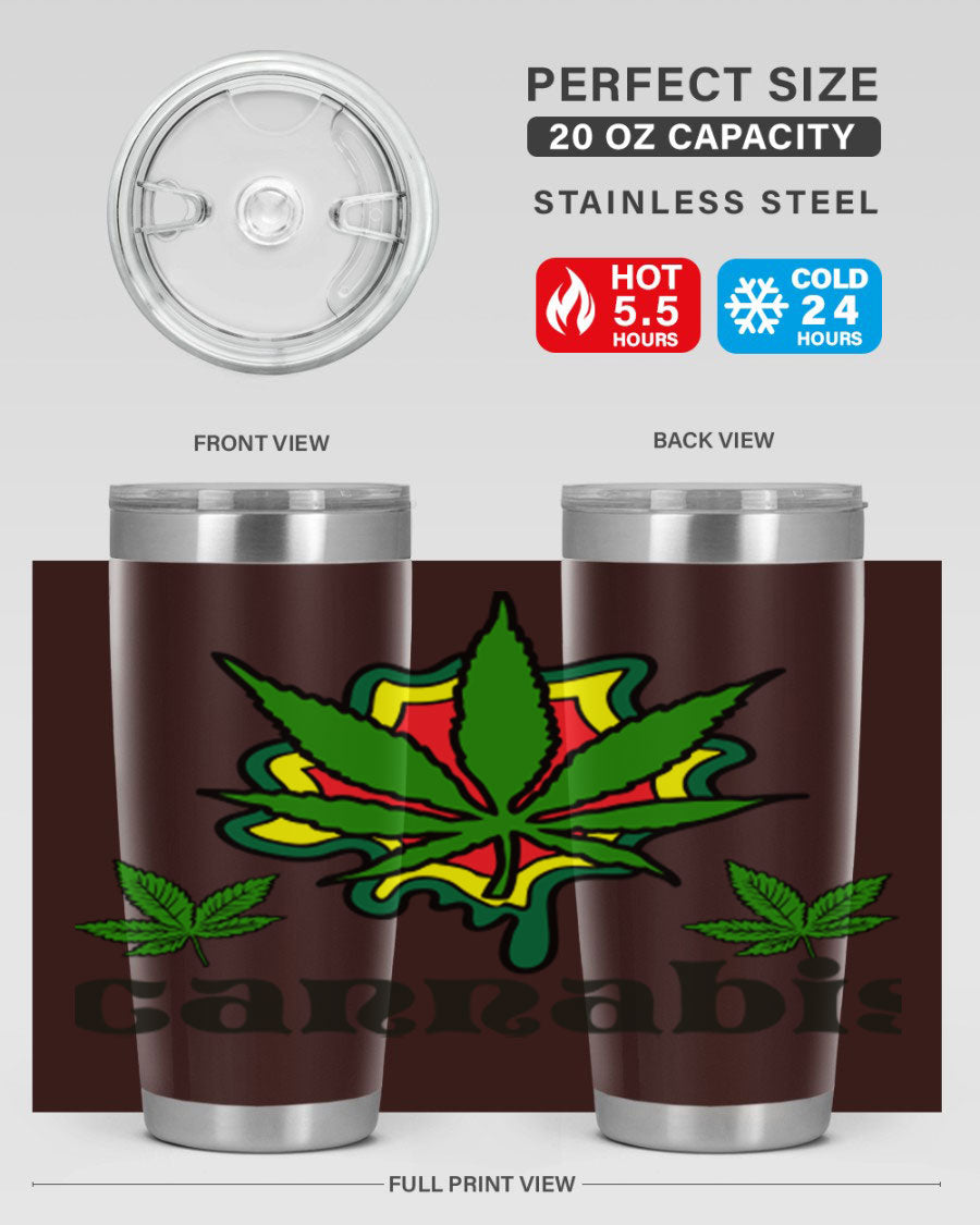A stylish cannabis a 39# 20oz tumbler made of double wall vacuum stainless steel with a copper lining, featuring a drink-thru lid.