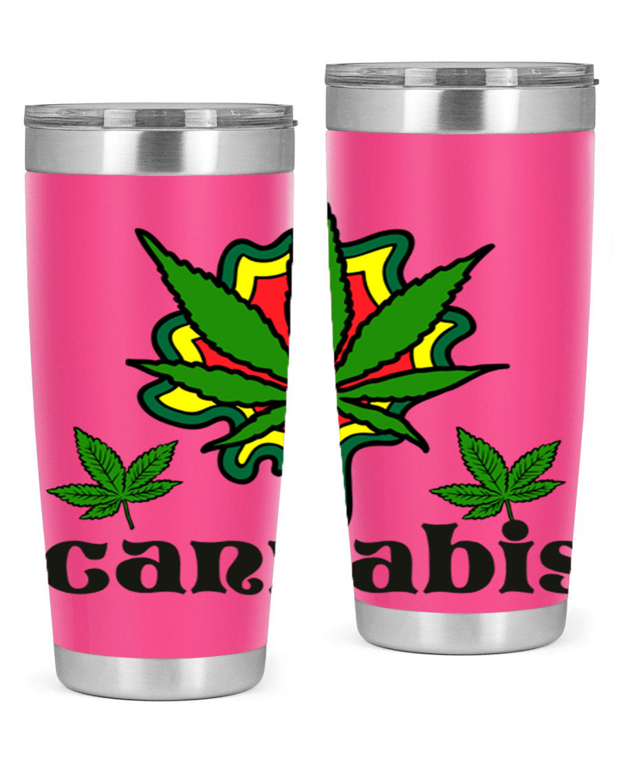 A stylish cannabis a 39# 20oz tumbler made of double wall vacuum stainless steel with a copper lining, featuring a drink-thru lid.