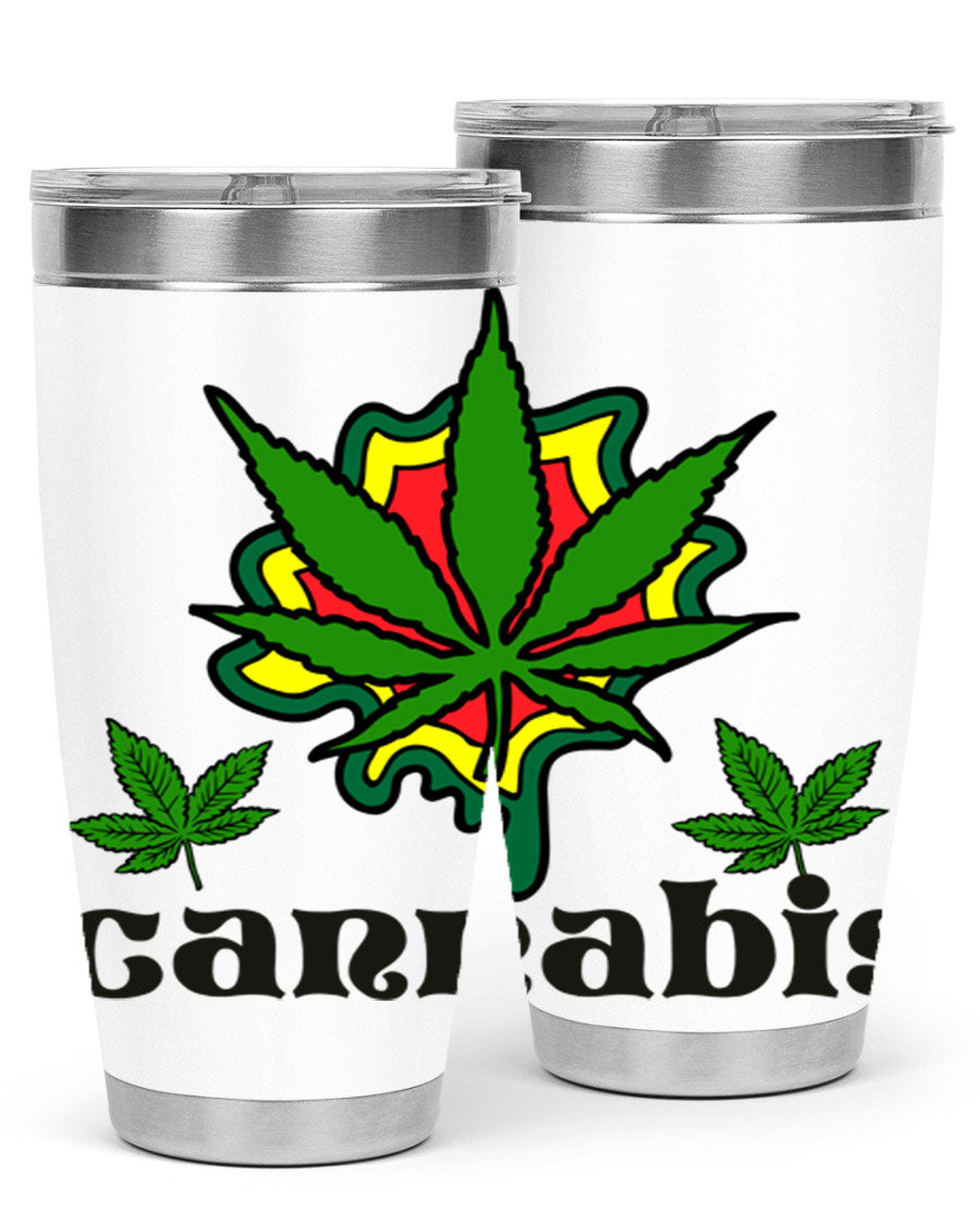 A stylish cannabis a 39# 20oz tumbler made of double wall vacuum stainless steel with a copper lining, featuring a drink-thru lid.