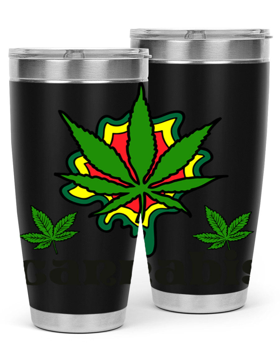 A stylish cannabis a 39# 20oz tumbler made of double wall vacuum stainless steel with a copper lining, featuring a drink-thru lid.