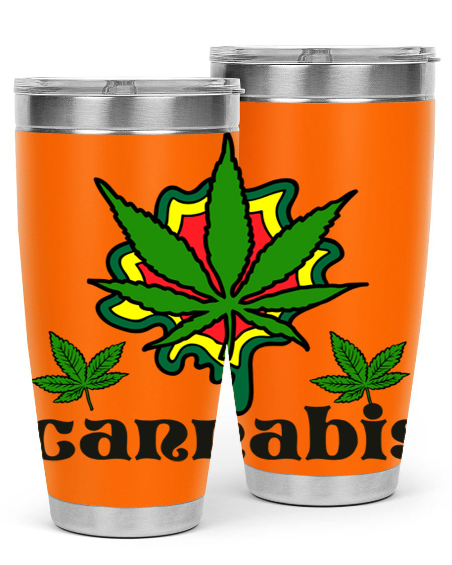 A stylish cannabis a 39# 20oz tumbler made of double wall vacuum stainless steel with a copper lining, featuring a drink-thru lid.