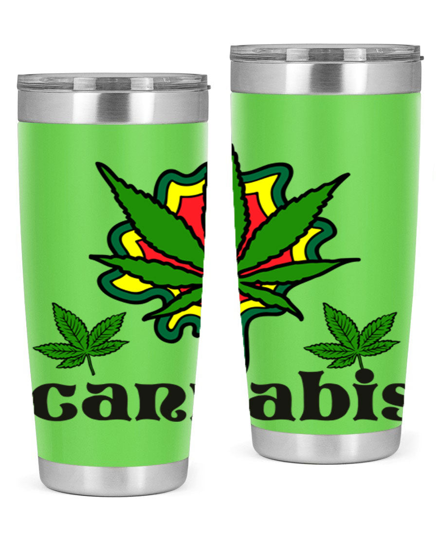 A stylish cannabis a 39# 20oz tumbler made of double wall vacuum stainless steel with a copper lining, featuring a drink-thru lid.