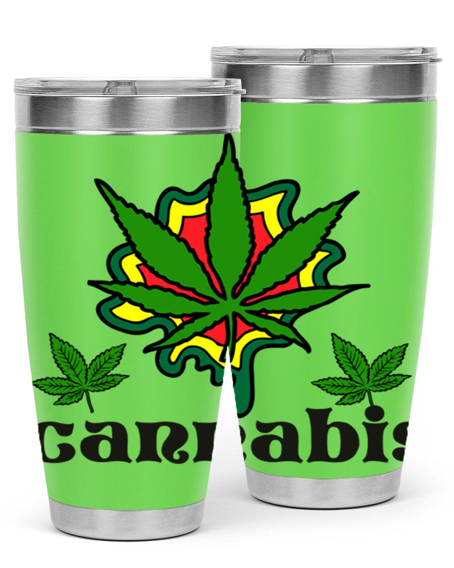 A stylish cannabis a 39# 20oz tumbler made of double wall vacuum stainless steel with a copper lining, featuring a drink-thru lid.