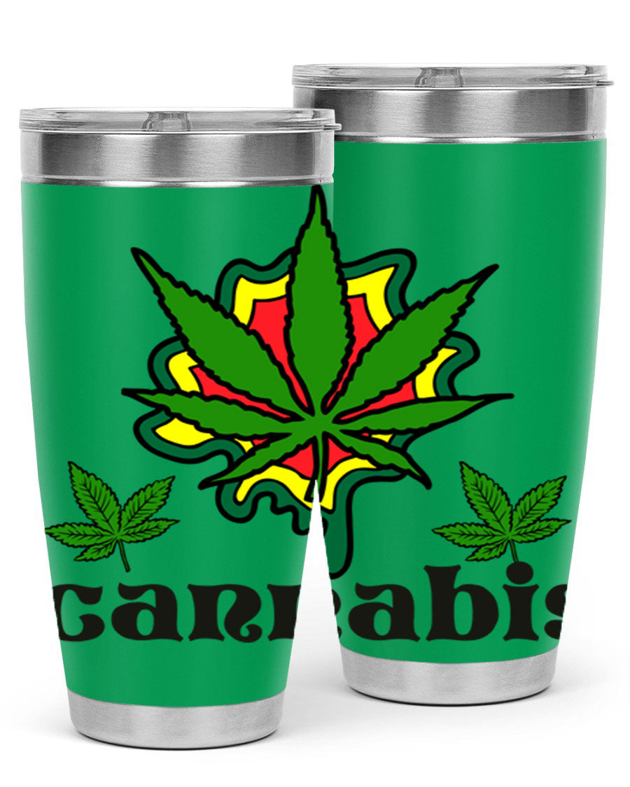 A stylish cannabis a 39# 20oz tumbler made of double wall vacuum stainless steel with a copper lining, featuring a drink-thru lid.