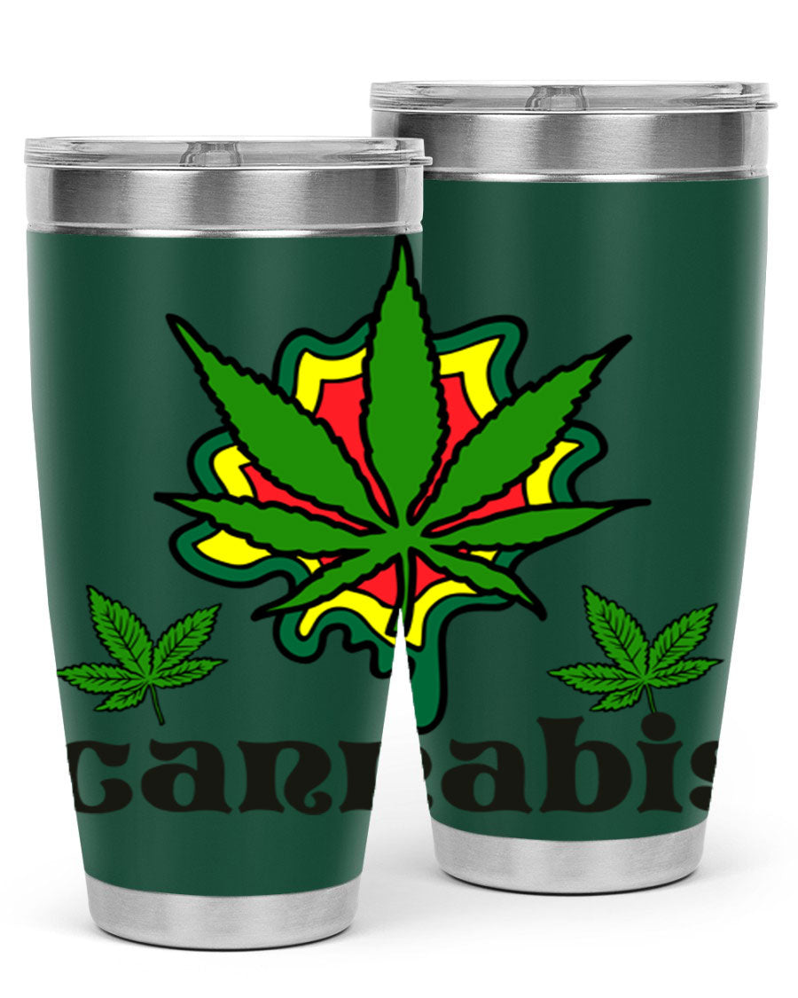 A stylish cannabis a 39# 20oz tumbler made of double wall vacuum stainless steel with a copper lining, featuring a drink-thru lid.