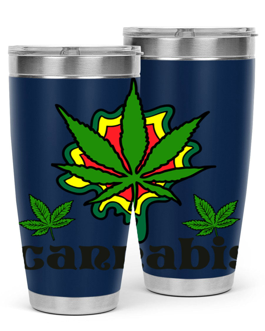 A stylish cannabis a 39# 20oz tumbler made of double wall vacuum stainless steel with a copper lining, featuring a drink-thru lid.