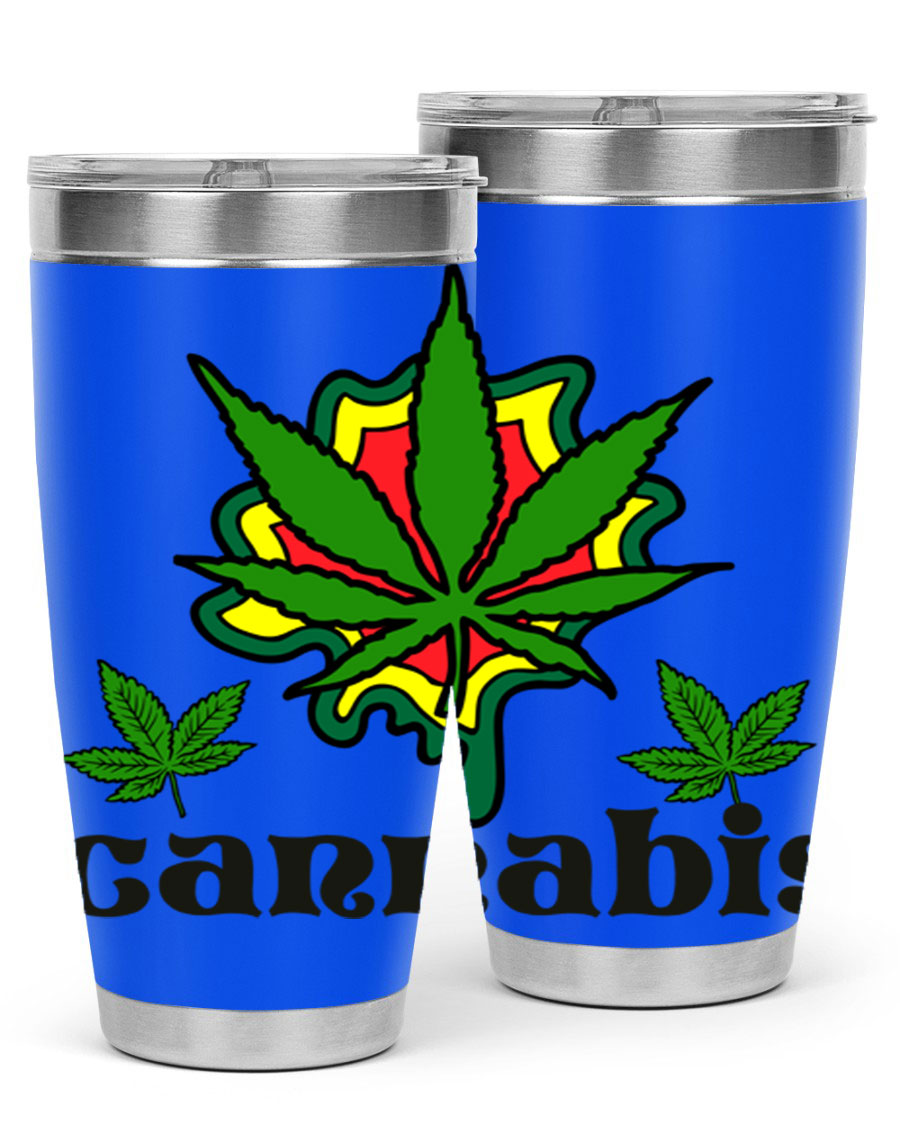 A stylish cannabis a 39# 20oz tumbler made of double wall vacuum stainless steel with a copper lining, featuring a drink-thru lid.